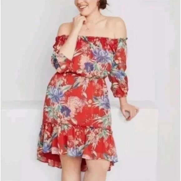 Red Floral Print Off The Shoulder Chiffon High-Low Dress Size 2X 18 20 Plus Size - Picture 2 of 7